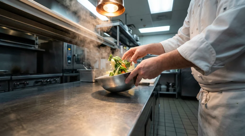Ein Koch in professioneller Restaurantküche bereitet frisches Gemüse in einer Metallschüssel zu. Über der Arbeitsfläche steigt Dampf auf, während warme Küchenbeleuchtung und Edelstahlgeräte im Hintergrund eine moderne Gastronomieatmosphäre schaffen.